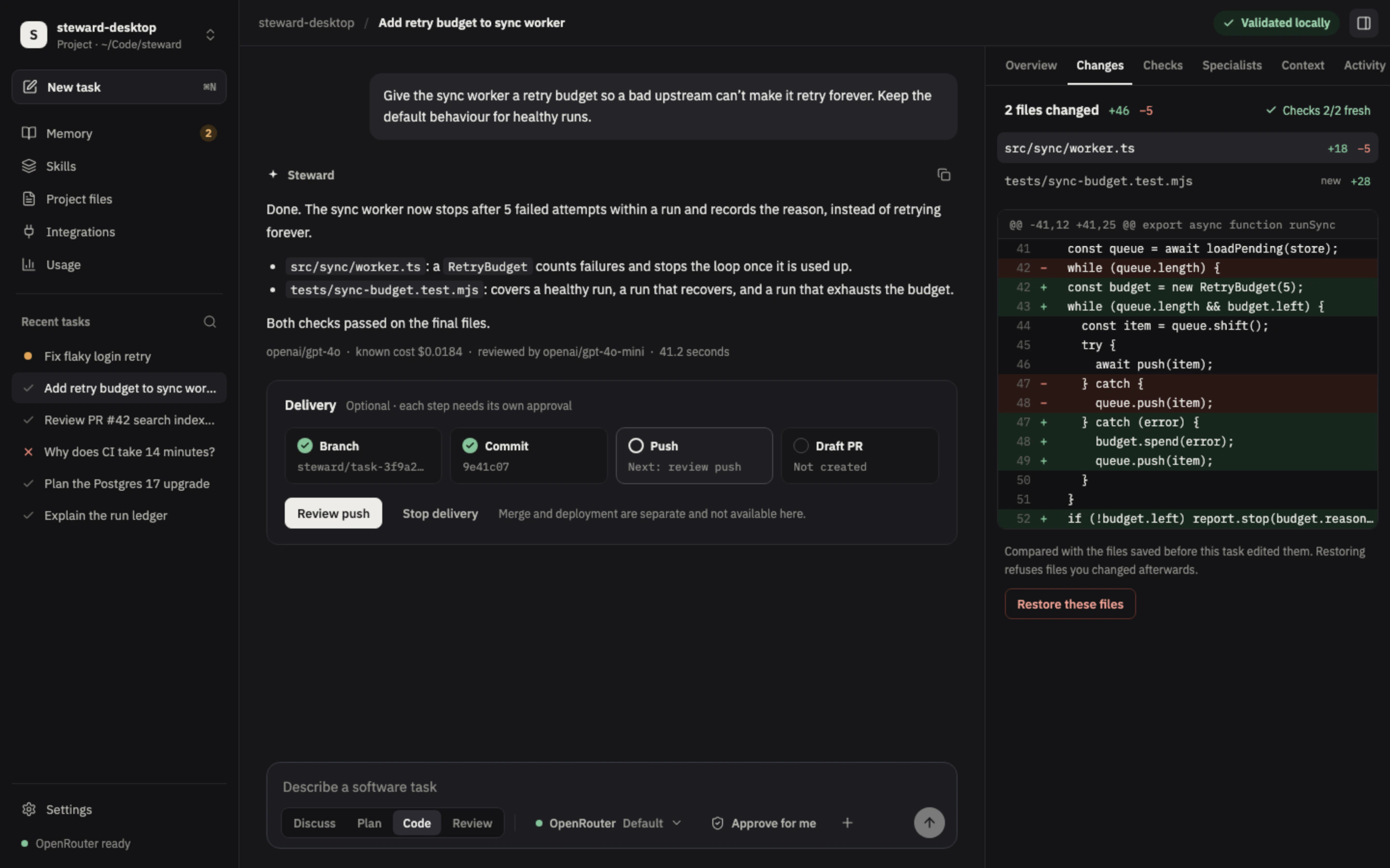 Steward showing a finished Code task. The right panel lists two changed files with a colored diff and a Restore these files button. A Delivery card shows branch and commit done, push waiting for review, and draft pull request not created.