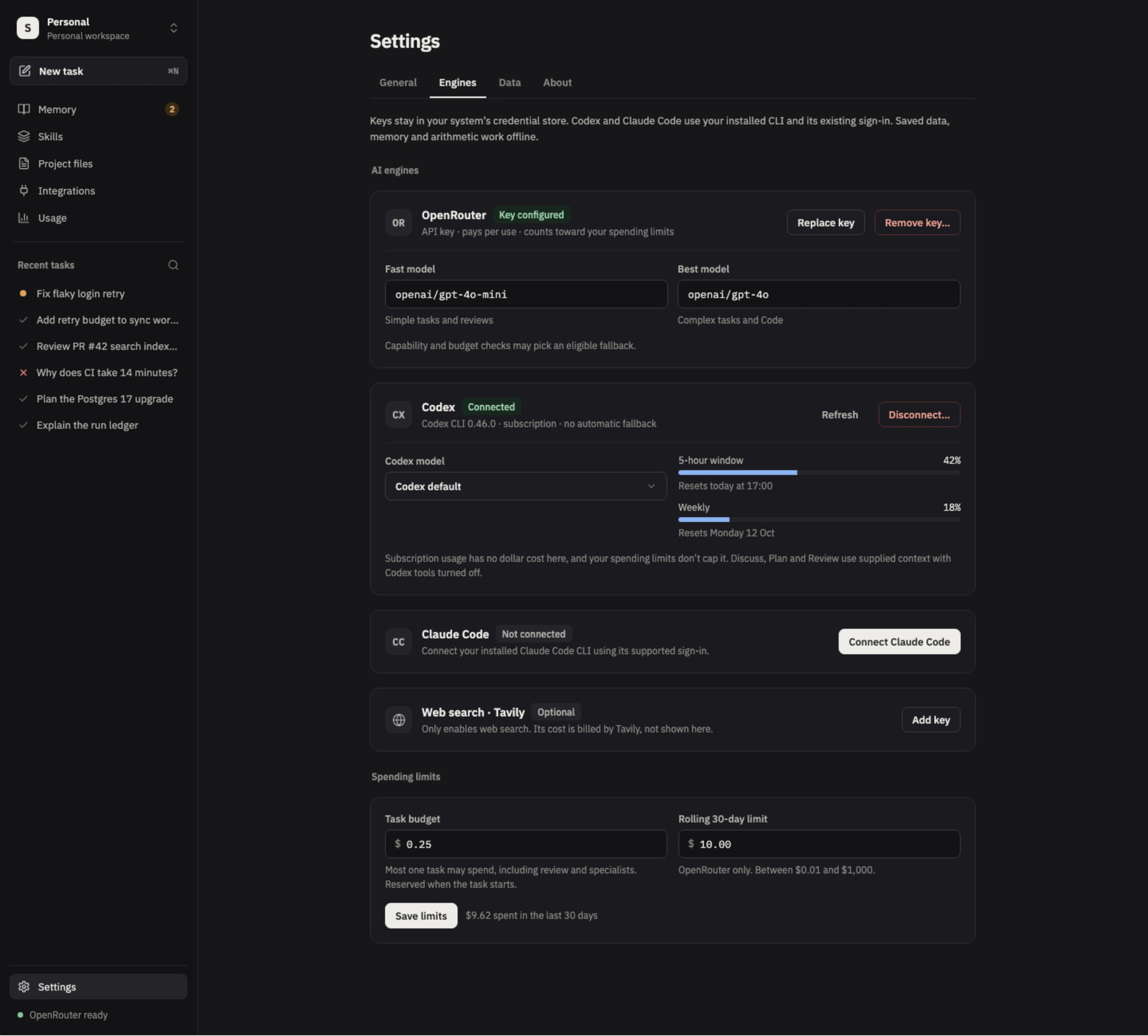 Steward's Settings screen on the Engines tab. OpenRouter has a configured key and fast and best models. Codex is connected with usage windows. Claude Code is not connected. Tavily web search is optional. Spending limits show a task budget and a rolling 30-day limit.